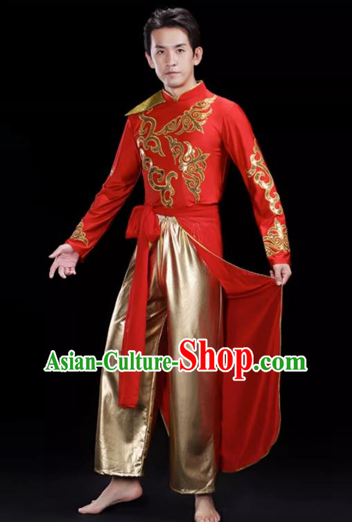 Red Men S Drumming Suit Opening Dance Costume Male Backup Dancer Suit Modern Dance Costume Fan Dancer Dragon Dance Costume
