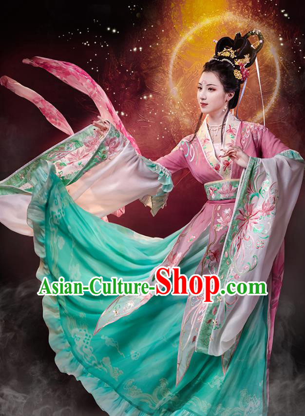 China Jin Dynasty Historical Costumes Embroidered Hanfu Dress Ancient Goddess Green Clothing