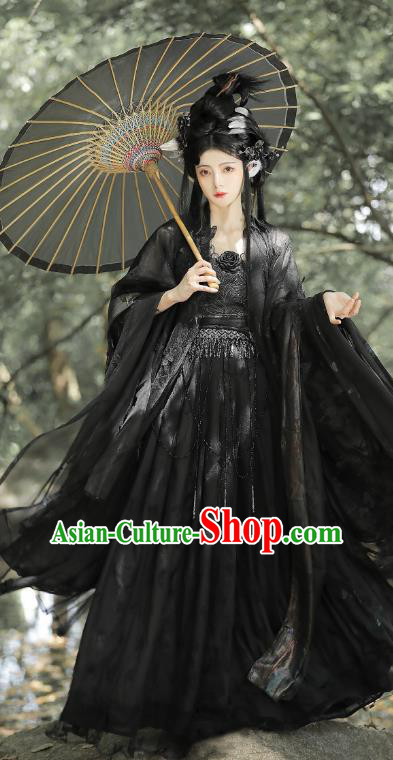 China Ancient Dark Angel Clothing Tang Dynasty Young Lady Costumes Traditional Hanfu Black Hezi Dress