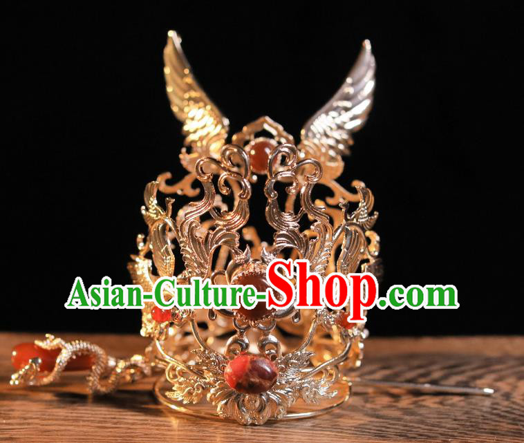 Chinese Ancient Emperor Hair Jewelries Top Hanfu Male Headgear Handmade Golden Crown and Hairpin