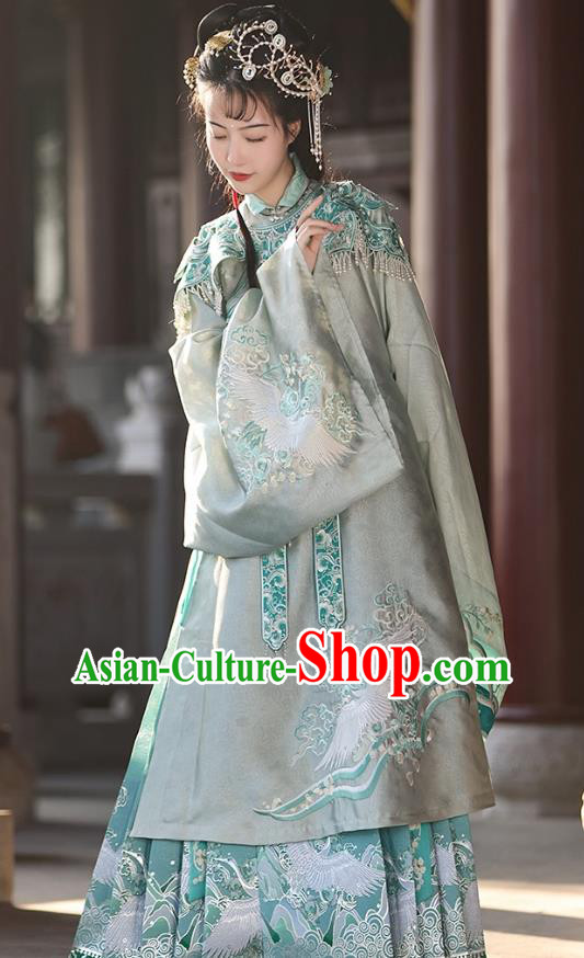 China Ming Dynasty Embroidered Costumes A Dream in Red Mansions Jia Yingchun Clothing Traditional Hanfu Green Long Blouse and Mamian Qun Set