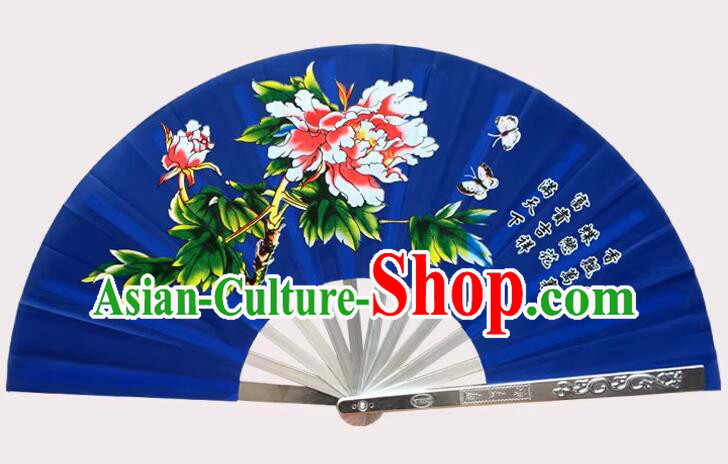 Top Stainless Metal Fan Tai Chi Dance Fan Kung Fu Fan Stage Performance Peony Blue Fan