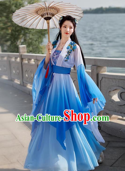 Blue China Ancient Fairy Costume Hanfu Wide Sleeve Goddess Dress Tang Dynasty Princess Clothing
