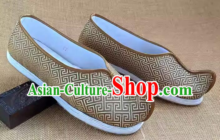 Traditional Kung Fu Shoes Handmade Old Peking Dark Golden Brocade Shoes Chinese Strong Cloth Soles Shoes