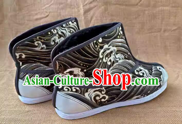Chinese Handmade Brocade Kung Fu Boots Old Peking Strong Cloth Soles Shoes Traditional Winter Thermal Boots