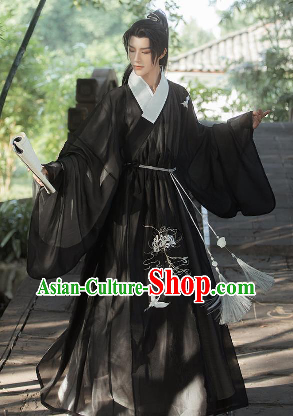 Male Traditional Hanfu Black Outfit China Ming Dynasty Young Childe Clothing Ancient Scholar Costumes