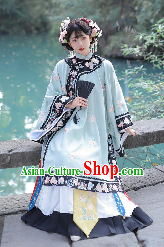 China Ancient Noble Lady Clothing Qing Dynasty Man Nationality Woman Historical Costumes Green Blouse and Skirt Complete Set