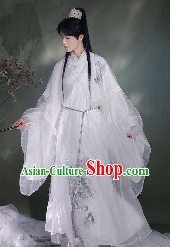 China Ancient Scholar Clothing Ming Dynasty Young Male Historical Costume White Hanfu Robe and Under Garment Complete Set