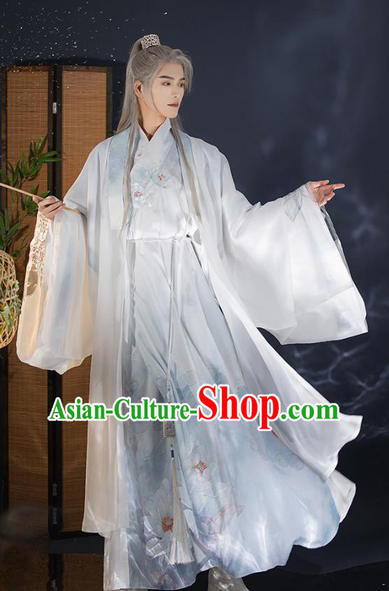 China Song Dynasty Historical Costumes Male White Hanfu Ancient Swordsman Clothing