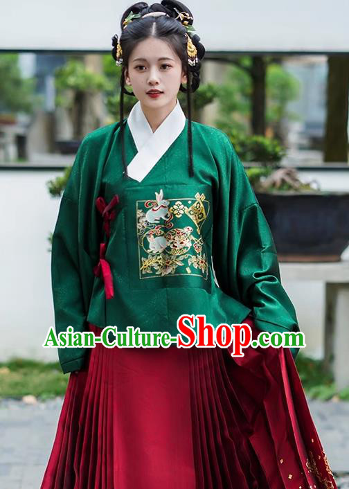 China Ancient Noble Lady Clothing Ming Dynasty Female Historical Costumes Hanfu Green Brocade Blouse and Red Mamian Skirt Complete Set