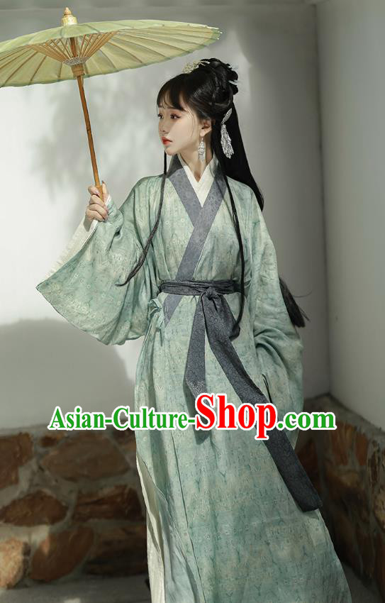 China Song Dynasty Green and White Long Gowns Traditional Hanfu Costume Ancient Woman Clothing