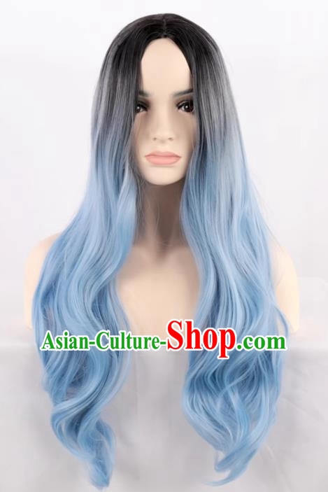 Black Gradient Ice Blue Middle Parted Women Fashion Long Curly Hair High Temperature Silk Prom Performance Full Wig
