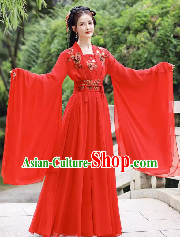 China Red Wide Sleeve Flow Fairy Dress Ancient Princess Costume Traditional Hanfu Classical Dance Clothing