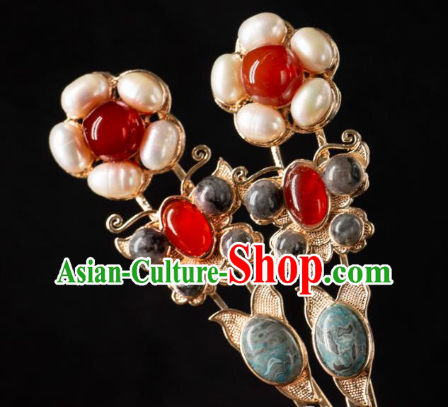 Ancient Empress Gems Hairpins Handmade Hanfu Hair Jewelries China Song Dynasty Pearl Hair Clips