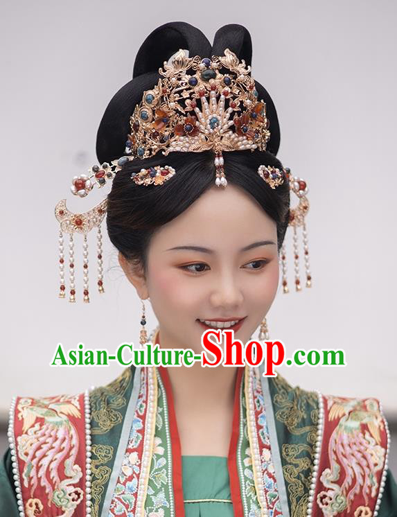 China Song Dynasty Empress Headdress Ancient Bride Wedding Phoenix Coronet Handmade Hanfu Hair Jewelries