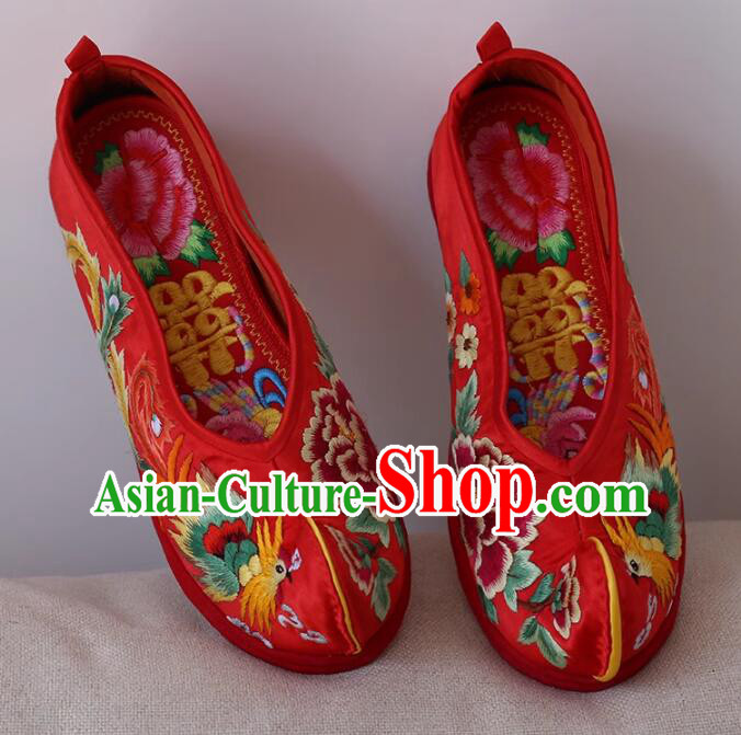 Traditional Embroidered Phoenix Peony Shoes Top Wedding Shoes Handmade Red Satin Shoes