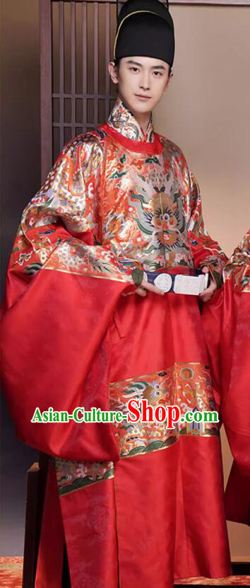 China Male Wedding Hanfu Red Brocade Robe Ming Dynasty Groom Costume Ancient Scholar Clothing