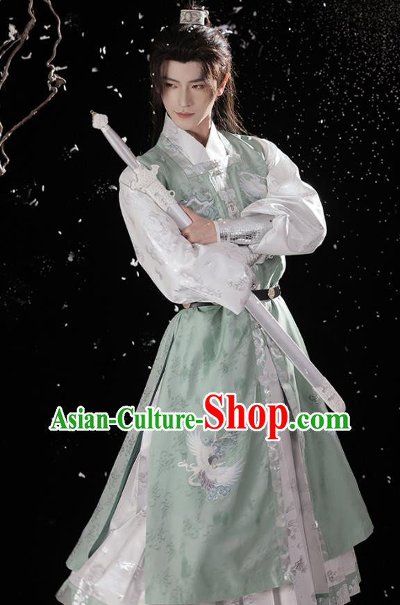 China Ancient Swordsman Clothing Ming Dynasty Costumes Traditional Male Hanfu Light Green and White Robe Complete Set