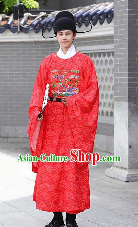 Traditional Hanfu Wedding Garment Ancient China Groom Costume Ming Dynasty Official Embroidered Golden Pheasant Red Robe