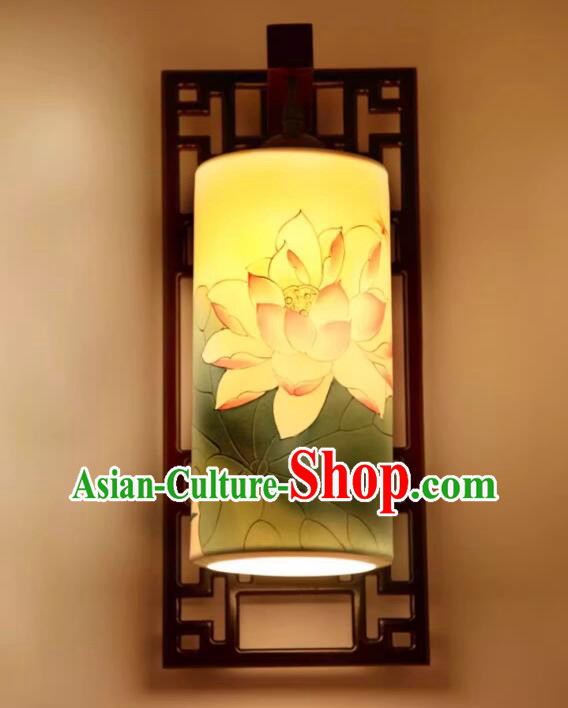 Top Lotus Painting Ceramic Lamp Handmade Hallway Lamp Chinese Wood Wall Lantern