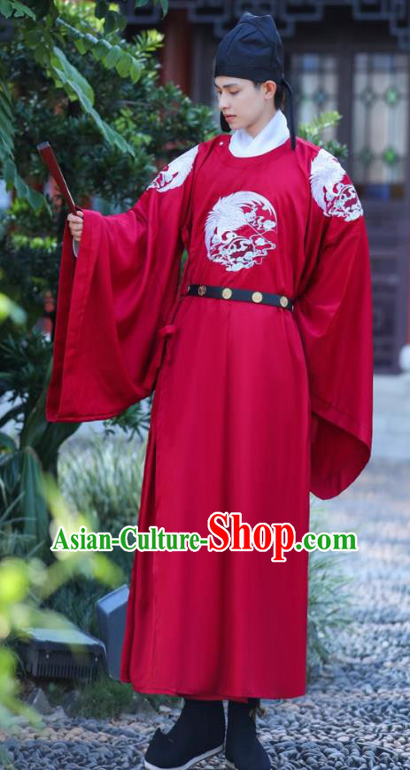 China Ancient Groom Wedding Costume Tang Dynasty Official Clothing Traditional Hanfu Wine Red Crane Robe
