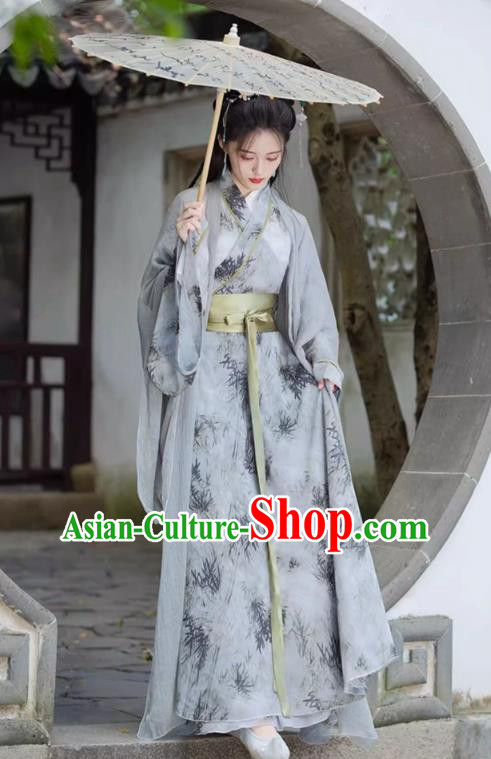 China Ancient Female Swordsman Clothing Jin Dynasty Young Woman Costumes Traditional Hanfu Grey Dresses