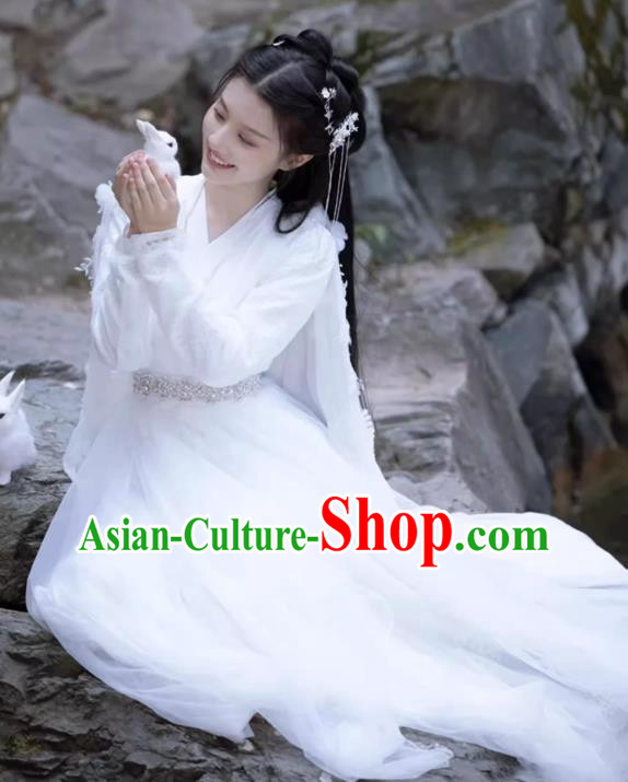 China Traditional Hanfu White Fairy Dress Ancient Goddess Clothing TV Series Swordswoman Costume