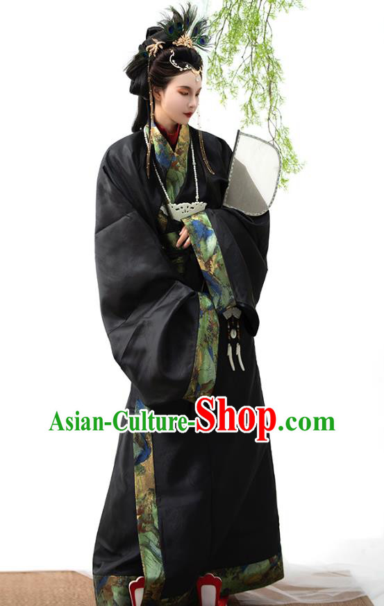 China the Warring States Time Woman Costume Traditional Hanfu Black Straight Front Robe Ancient Empress Clothing