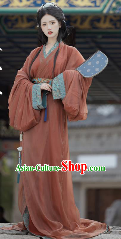 China Warring States Period Young Lady Costumes Traditional Hanfu Red Straight Front Robe Ancient Royal Princess Clothing