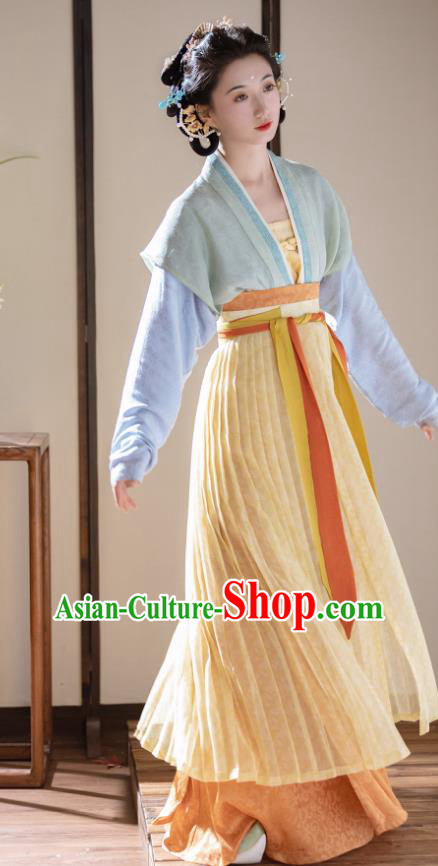 China Ancient Noble Lady Clothing Southern Song Dynasty Young Woman Costumes Traditional Hanfu Green Beizi Blue Long Shirt and Orange Skirt