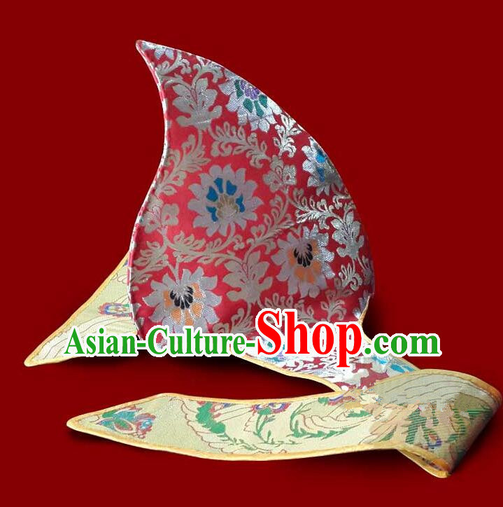 China Lama Red Brocade Headwear Traditional Tibetan Monk Hat Tsongkhapa Guru Headdress