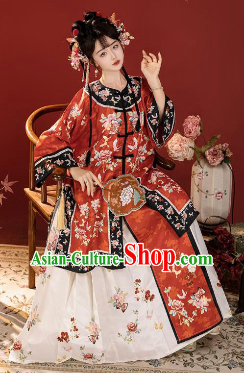 Chinese Ancient Noble Lady Costumes Qing Dynasty Princess Clothing Traditional Embroidered Red Blouse and White Skirt Complete Set
