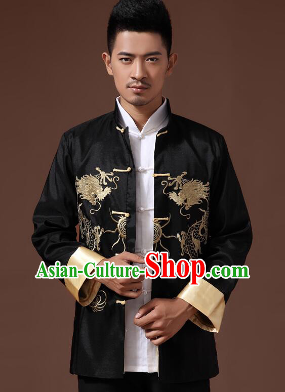 Chinese Embroidered Dragon Overcoat Handmade Mandarin Blouse Traditional Black Jacket for Men