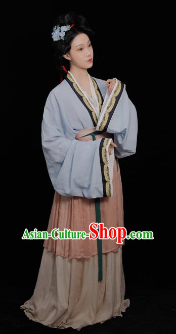 Chinese Traditional Hanfu Clothing Song Dynasty Young Woman Light Blue Dress Ancient Noble Beauty Costumes