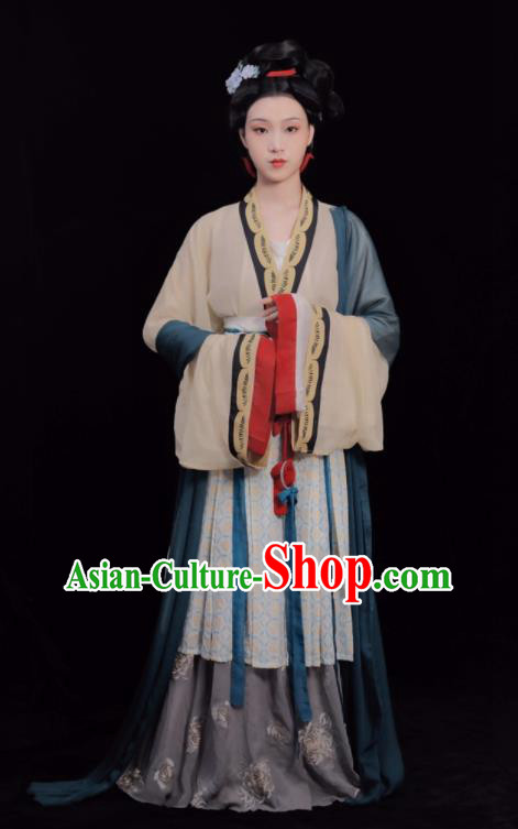 Chinese Ancient Noble Beauty Costumes Traditional Hanfu Clothing Song Dynasty Young Woman Apricot Dress