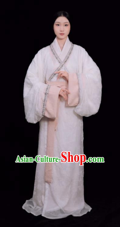 Chinese Han Dynasty Young Beauty White Dress Ancient Palace Lady Costumes Traditional Hanfu Curving Front Robe Qu Ju