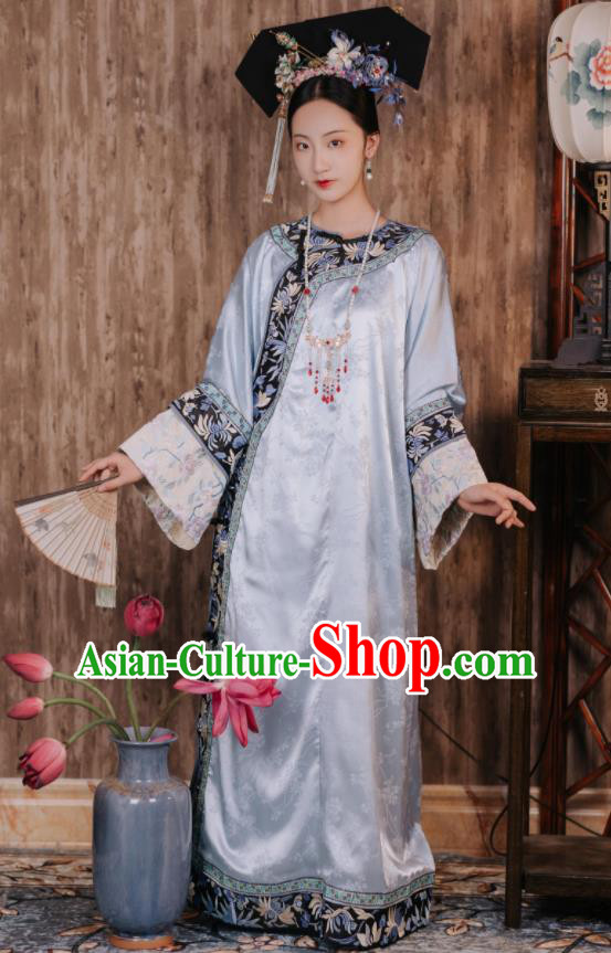 Chinese Ancient Palace Lady Blue Dress Traditional Garment Costume Qing Dynasty Empress Clothing