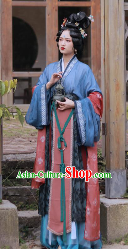 Chinese Ancient Empress Garment Costumes Traditional Court Blue Hanfu Dresses Song Dynasty Palace Woman Clothing