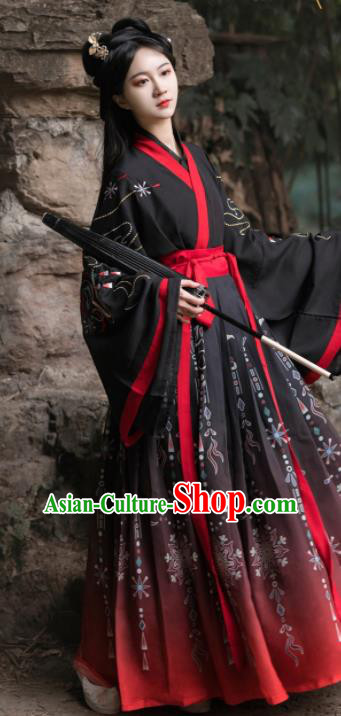 Chinese Traditional Hanfu Garments Jin Dynasty Swordswoman Costumes Ancient Young Lady Black Dresses