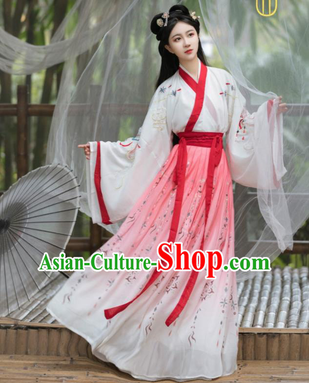 Chinese Ancient Swordswoman Pink Dresses Traditional Hanfu Costumes Jin Dynasty Young Woman Clothing