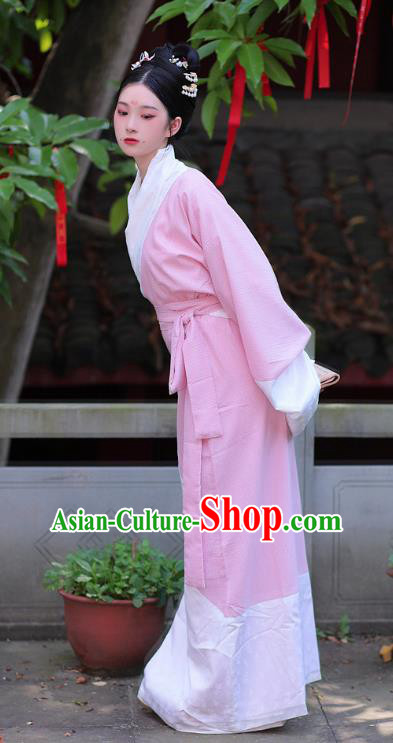 Chinese Hanfu Curving Front Robe Qu Ju Han Dynasty Historical Costume Ancient Young Woman Pink Dress