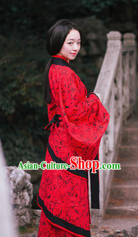Chinese Ancient Royal Empress Red Dress Hanfu Qu Ju Curving Front Robe Han Dynasty Noble Woman Historical Costume
