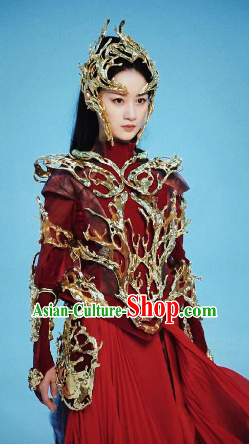 Chinese Ancient Swordswoman Red Clothing Female General Dress TV Series Love Between Fairy and Devil Goddess of War Garment Costumes
