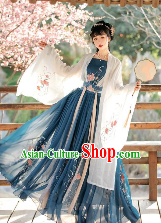 Chinese Traditional Ruqun Blue Dress Tang Dynasty Princess Clothing Ancient Young Lady Costumes