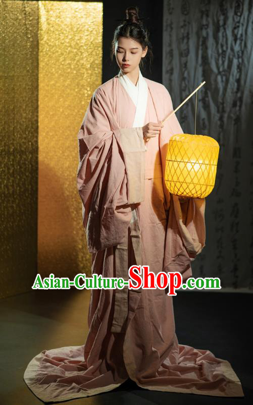 Chinese Ancient Swordsman Clothing Traditional Han Fu Qin Dynasty Prince Pink Straight Front Robe