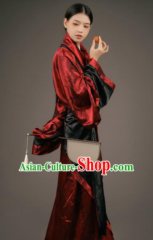 Chinese Han Dynasty Court Woman Costume Ancient Palace Maid Clothing Traditional Han Fu Dark Red Curving Front Robe
