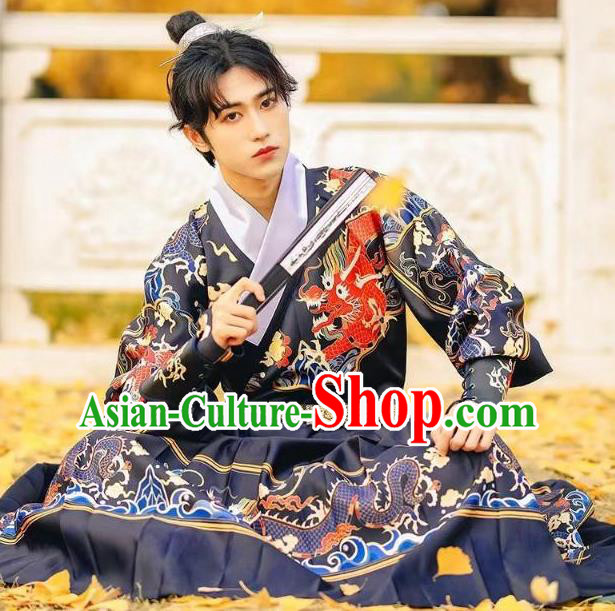 Chinese Feiyu Clothing Ancient Young Swordsman Blue Robe Ming Dynasty Imperial Guard Garment Costume