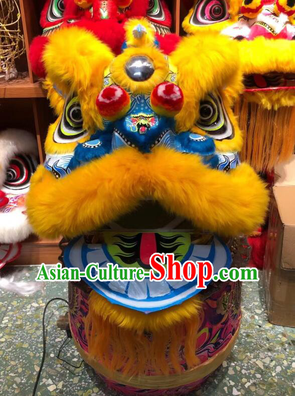 Top Handmade Light Gold Wool Hok San Lion Chinese Performance and Competition Blue Lion Dance Costumes