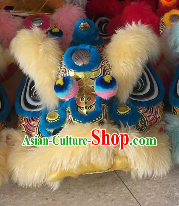 Chinese Performance and Competition Blue Lion Top Handmade Light Gold Wool Hok San Lion Dance Costumes Complete Set