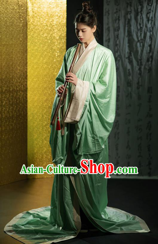Chinese Traditional Han Fu Green Straight Front Robe Qin Dynasty Childe Clothing Ancient Handsome Scholar Costume